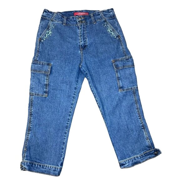 (5 for $25) Cos Jeans Embroidered Cargo Capri Stretch Jeans Size 8 - Picture 1 of 5